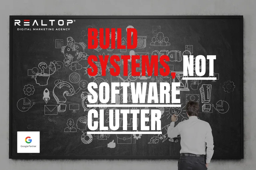 Digital marketing tools diagram on chalkboard, highlighting strategy and systems