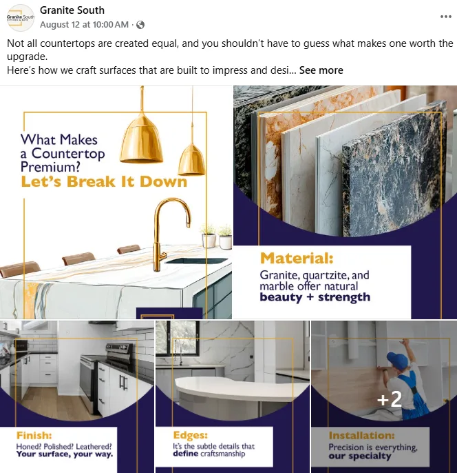 Facebook ad highlighting premium countertops – social media case study