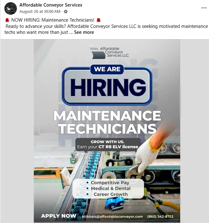 Social media case study Facebook post highlighting industrial expertise