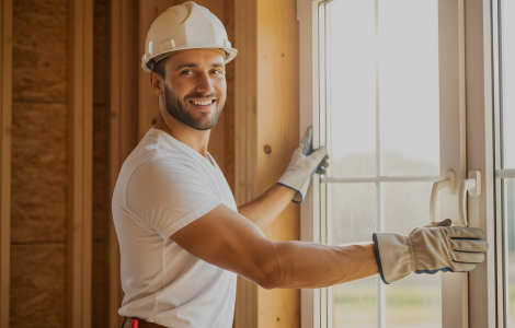 Window and door installation contractor consulting with homeowner