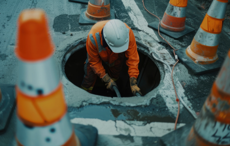 Plumber with camera inspecting a sewer line