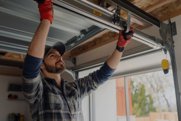 Commercial garage bay door with branding