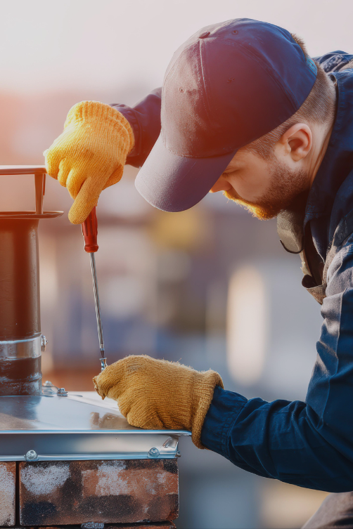Fireplace repair technician working on a home
